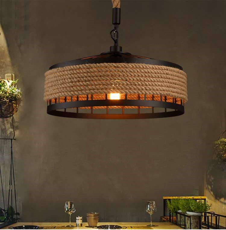 American Country Hemp Rope Restaurant Chandelier Personality Nordic Clothing Store Milk Tea Shop Round Wrought Iron LED Creative Chandelier